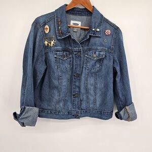 Crop Demin Jean Jacket With Pins Brooches Womens Size Xl